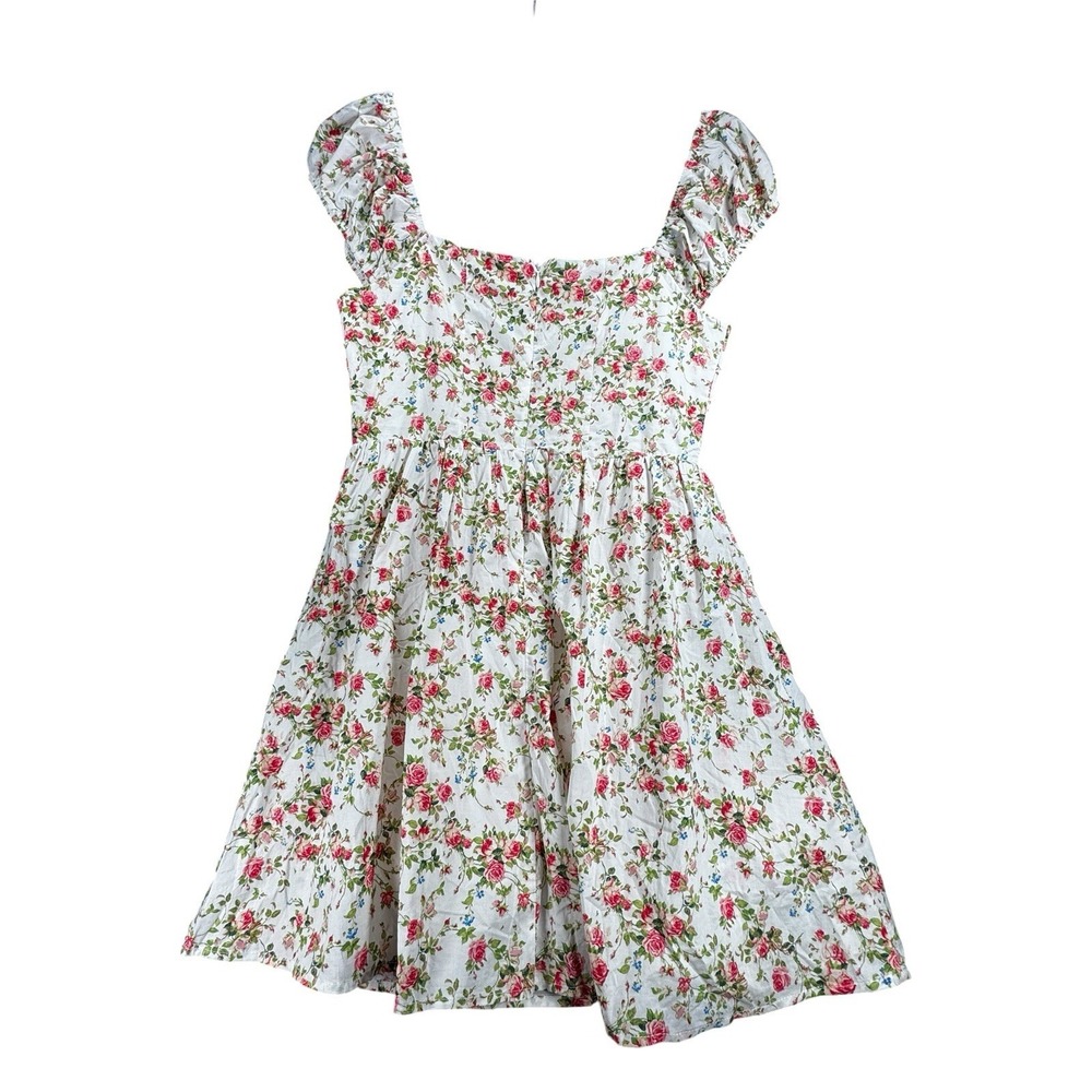 Mixed Threads Los Angeles Floral Cottagecore Mini Dress Lace Trim Puff Sleeve LG